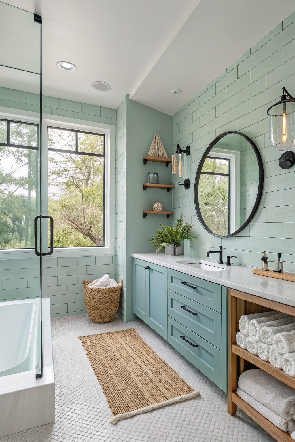 Bathroom walls painted in a soft mint green with white tile and wood vanity.
