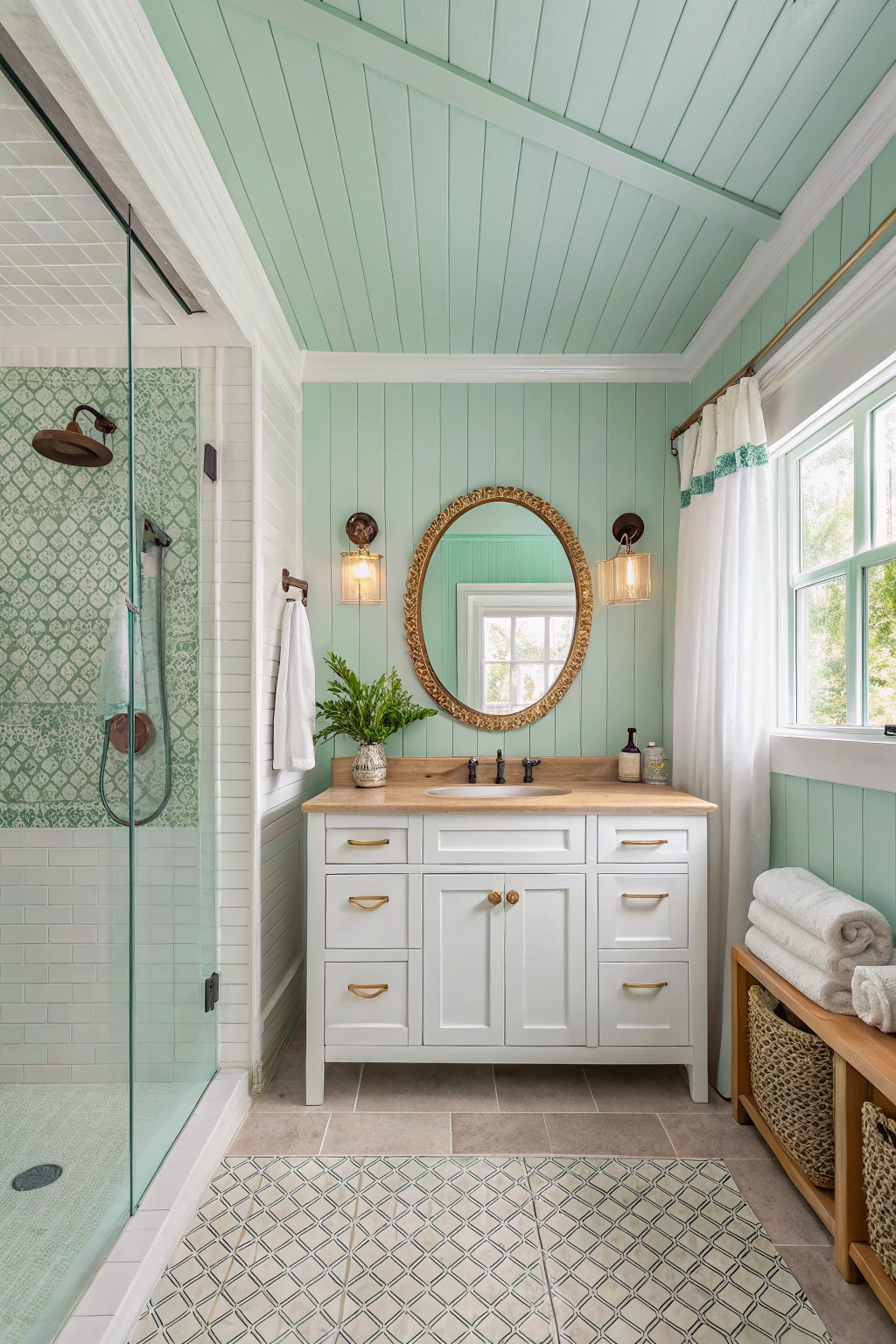 Light mint green walls cover a bathroom with white vanity and wood countertop.