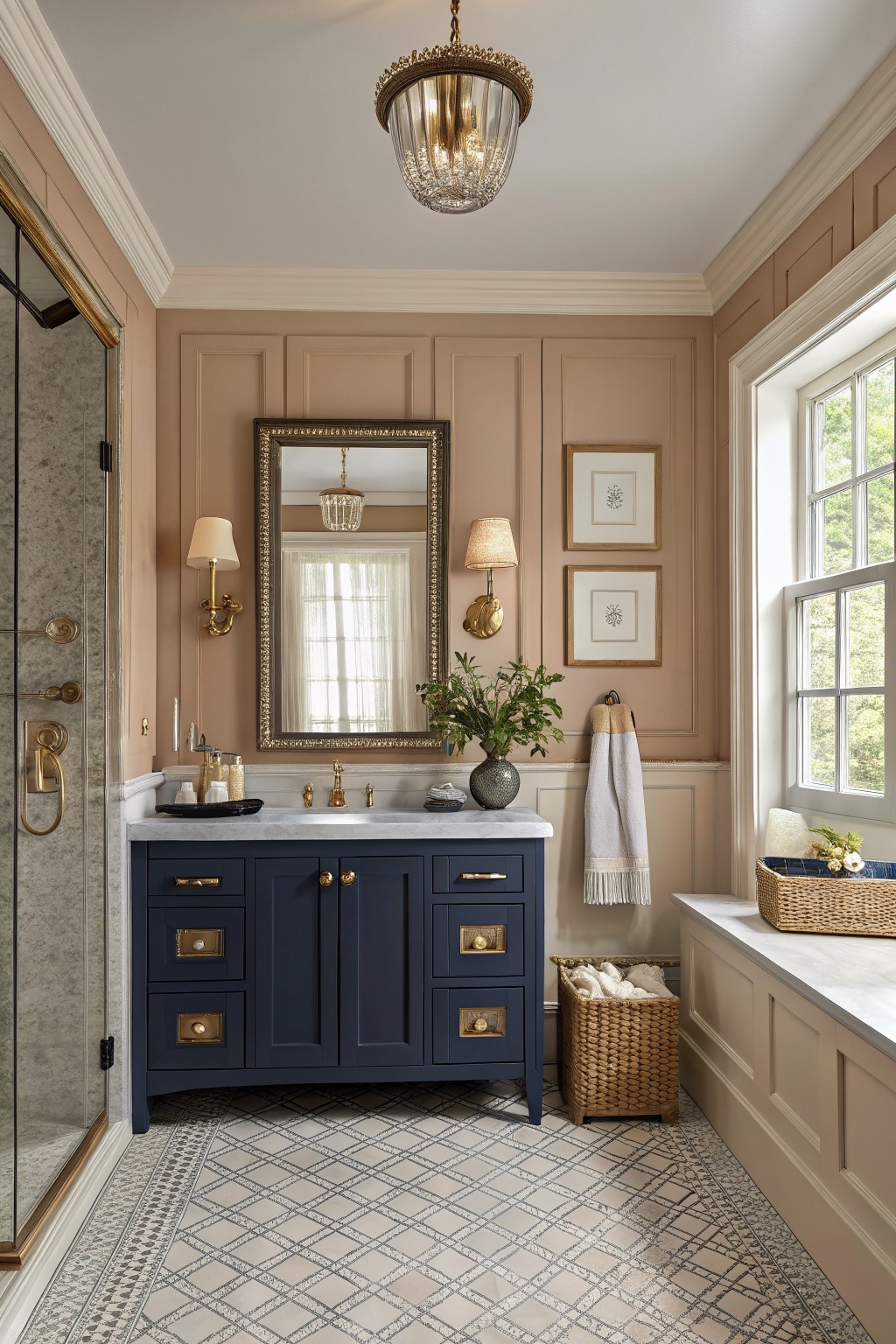Bathroom walls painted in a soft rose beige with navy vanity below.