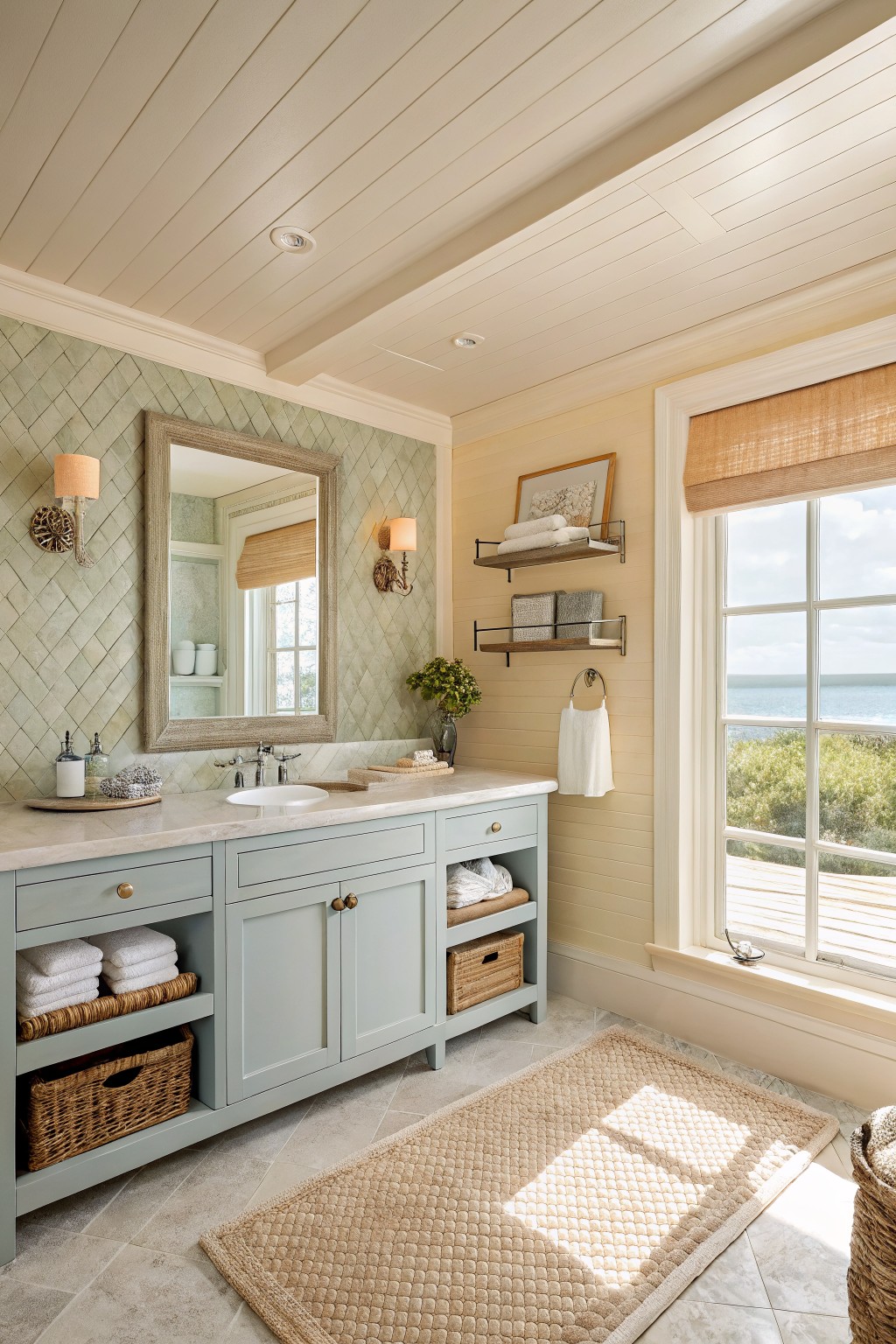 Coastal bathroom with light blue vanity, marble sink, ocean-view window, and woven rug