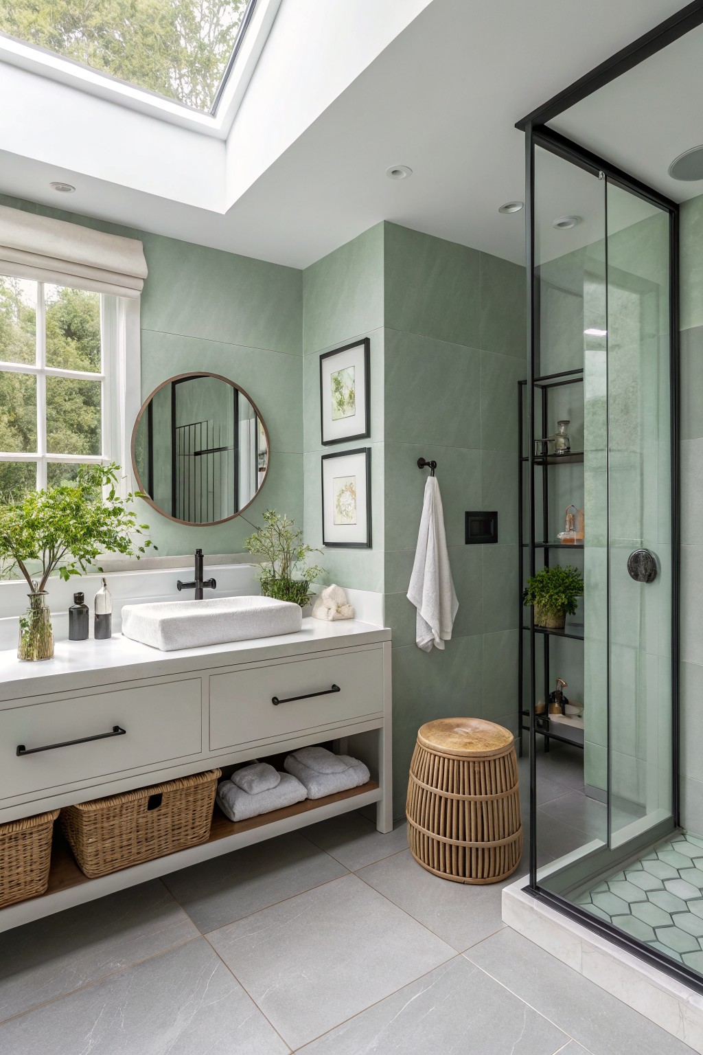 Bathroom walls painted in a soft sage green with a white vanity and glass shower.