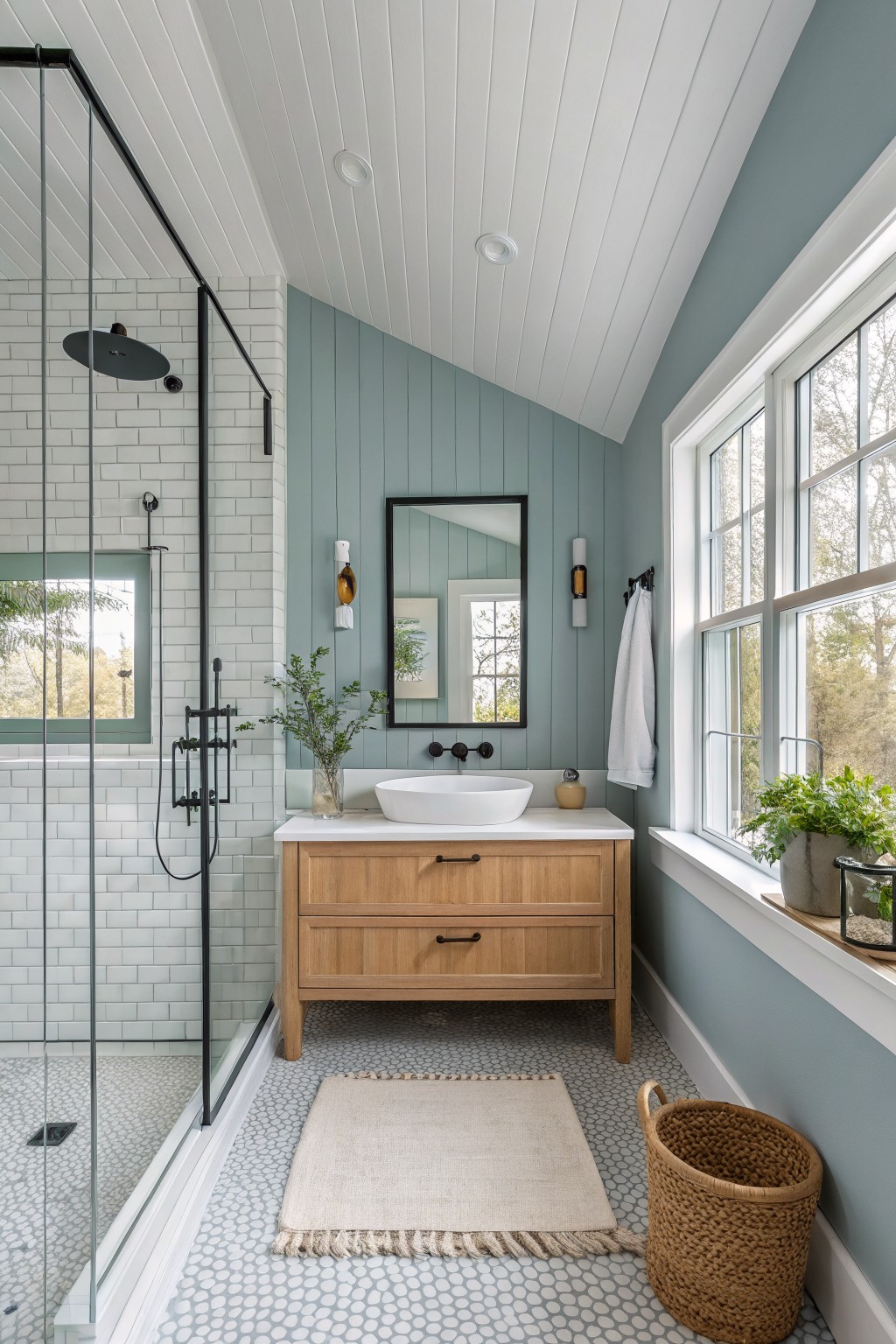 Bathroom walls painted in a soft sage green with a white vanity and wood cabinet below.
