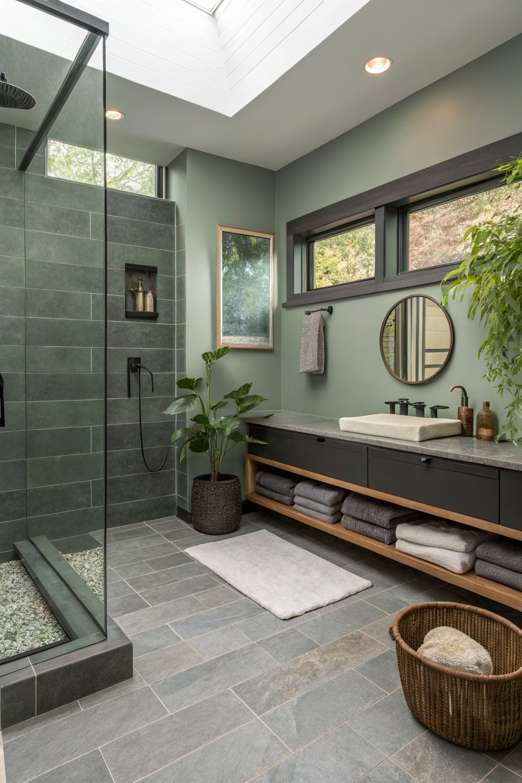 A bathroom with muted sage green walls, a dark vanity, and a glass shower enclosure.