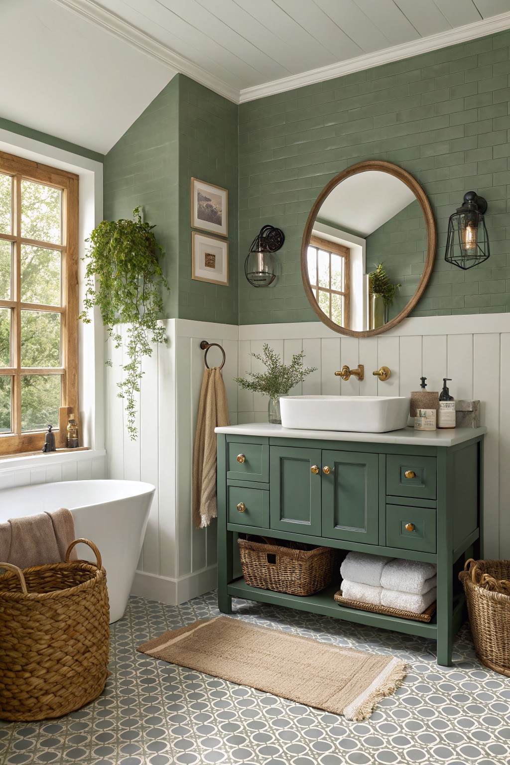 A bathroom with muted sage green walls above white wainscoting and a green vanity.