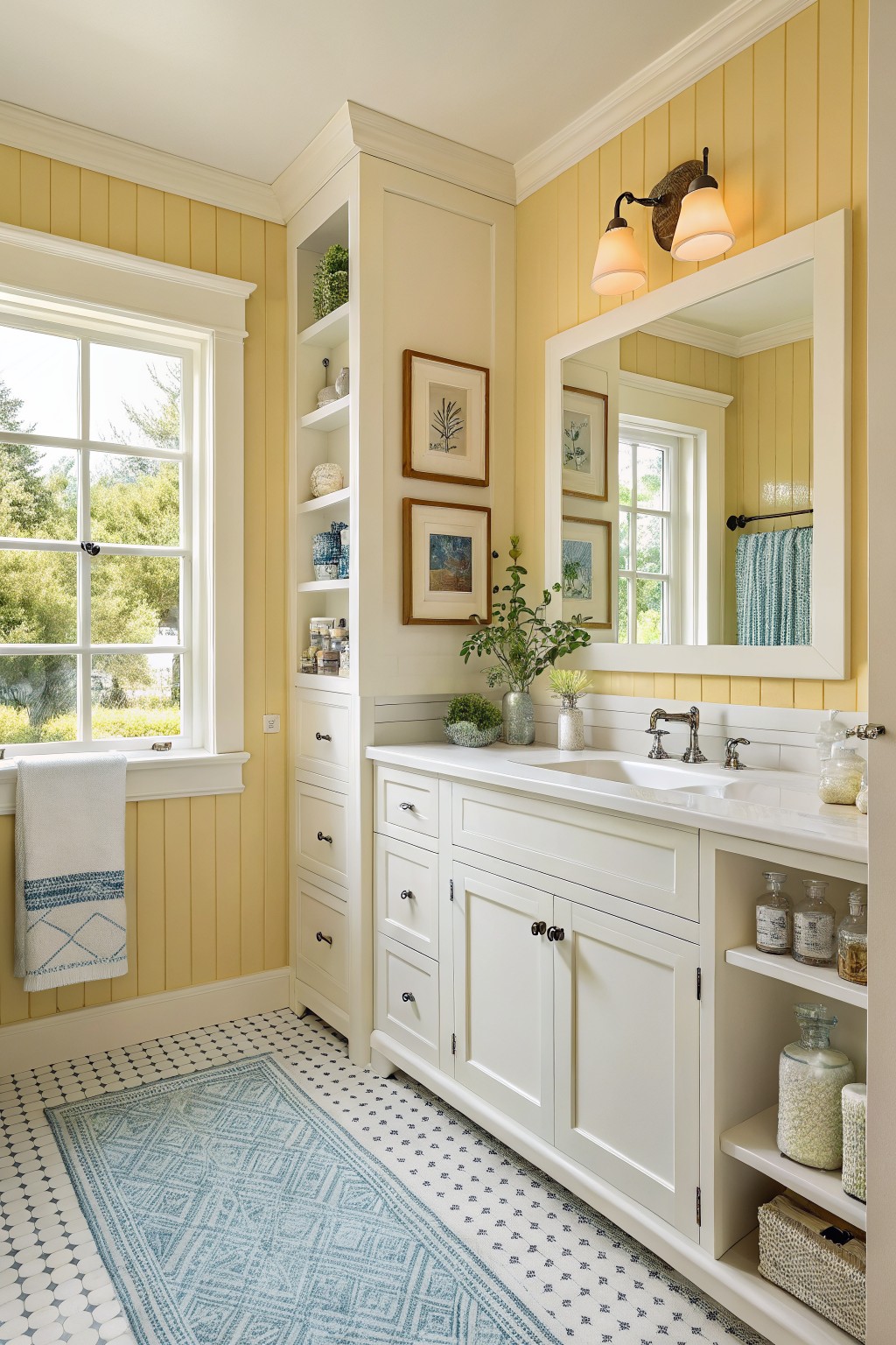 A bathroom with soft yellow walls and white cabinetry.