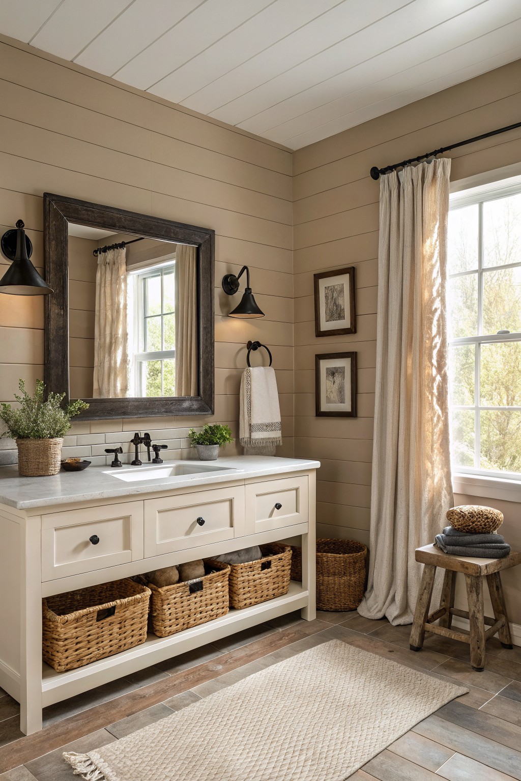 Bathroom walls painted in a soft warm greige with a white vanity and open storage below.