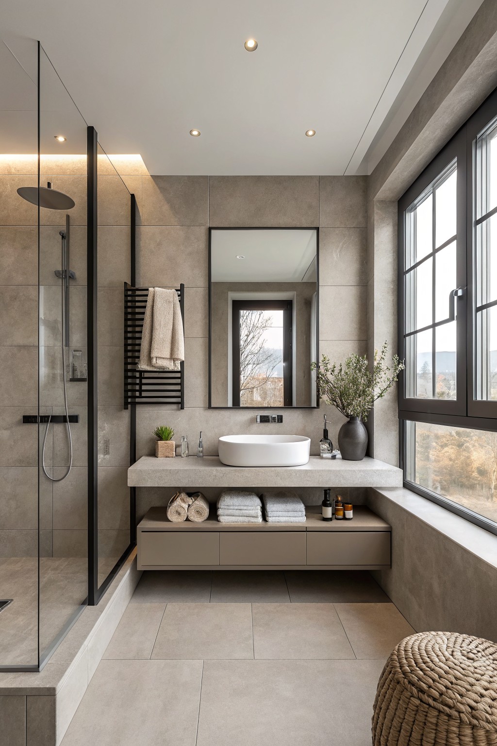A bathroom with warm greige walls and a concrete-style vanity.