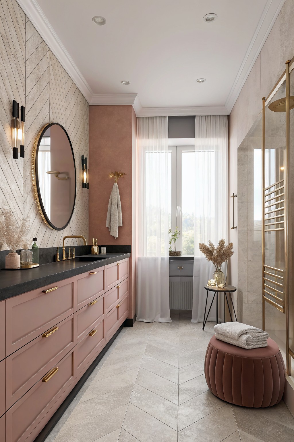 A bathroom featuring warm terracotta painted walls beside a pink vanity.