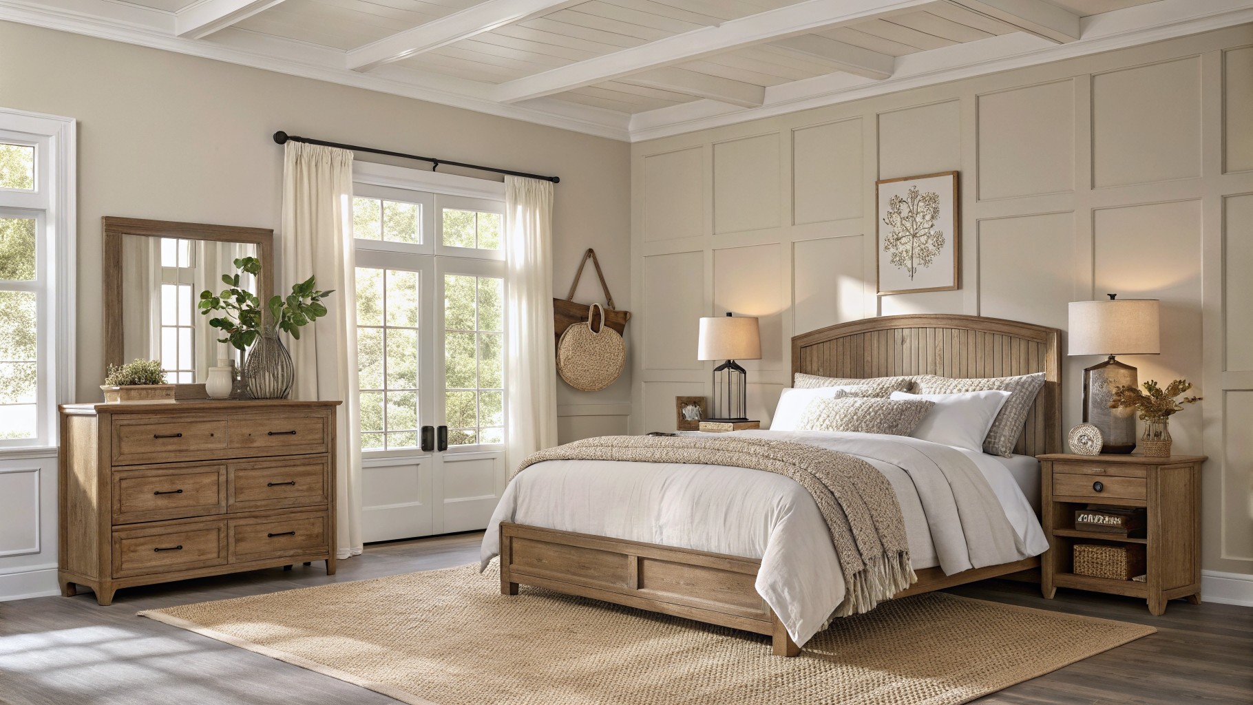 Bedroom walls painted in a soft warm greige with wood furniture and neutral bedding.