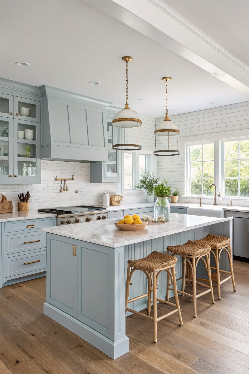 Light blue gray kitchen cabinets around a white marble island.