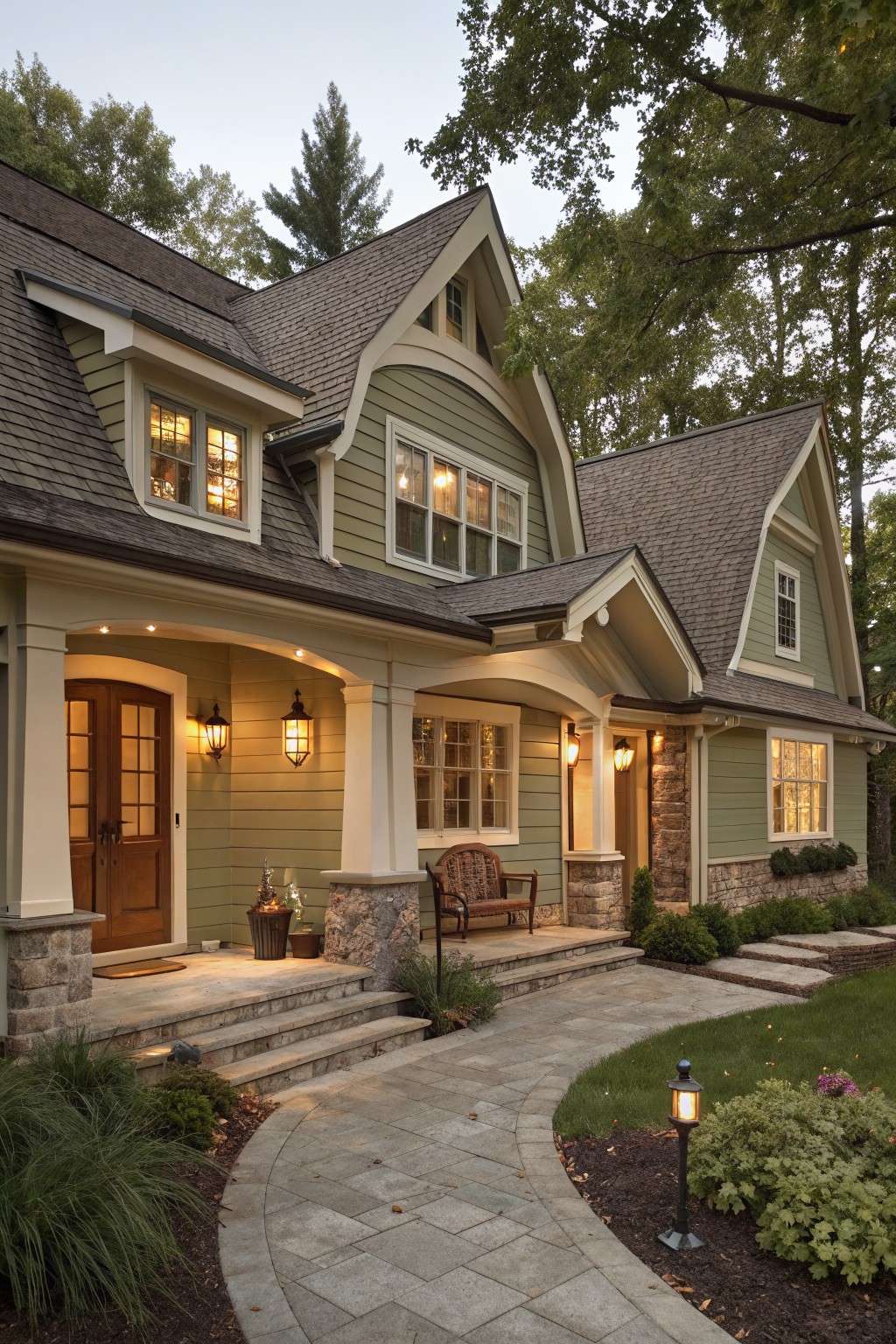 House exterior with soft sage green siding and stone details.