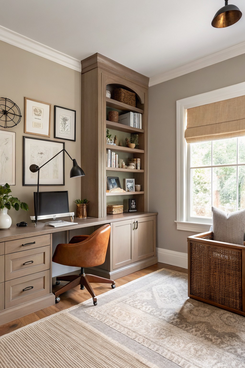 Home office walls painted in a soft greige with wooden built-in shelves and desk.