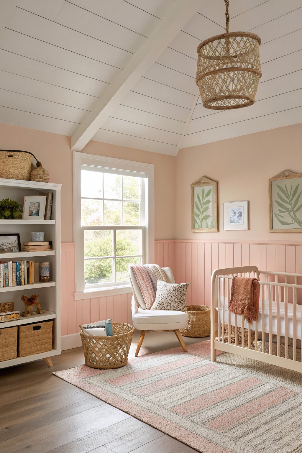 Soft peach walls and wainscoting in a sunlit nursery with white trim.