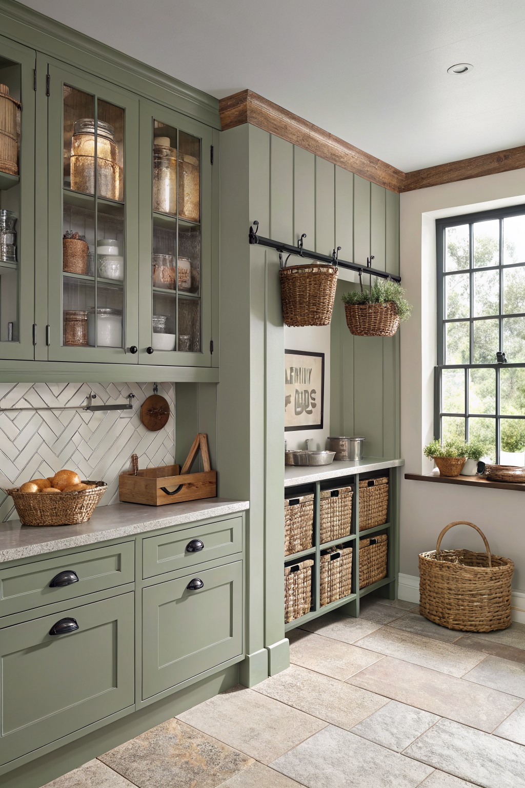 Sage green cabinets and paneling in a kitchen with wood accents and baskets.