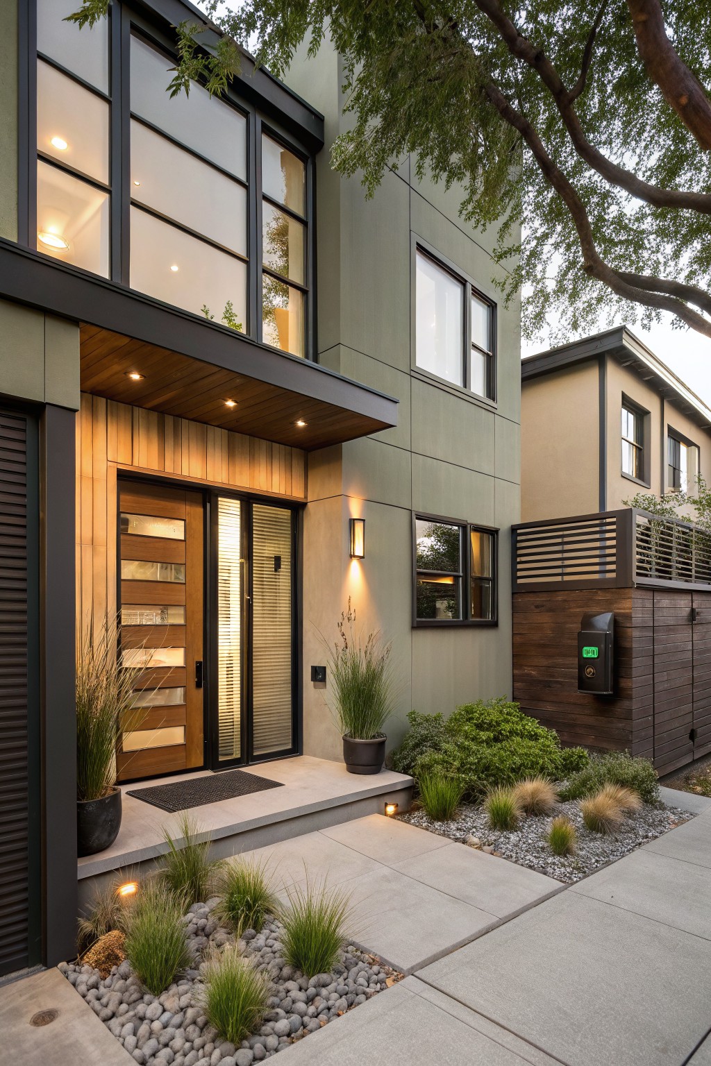 Modern house exterior painted in soft sage green siding with wood accents.