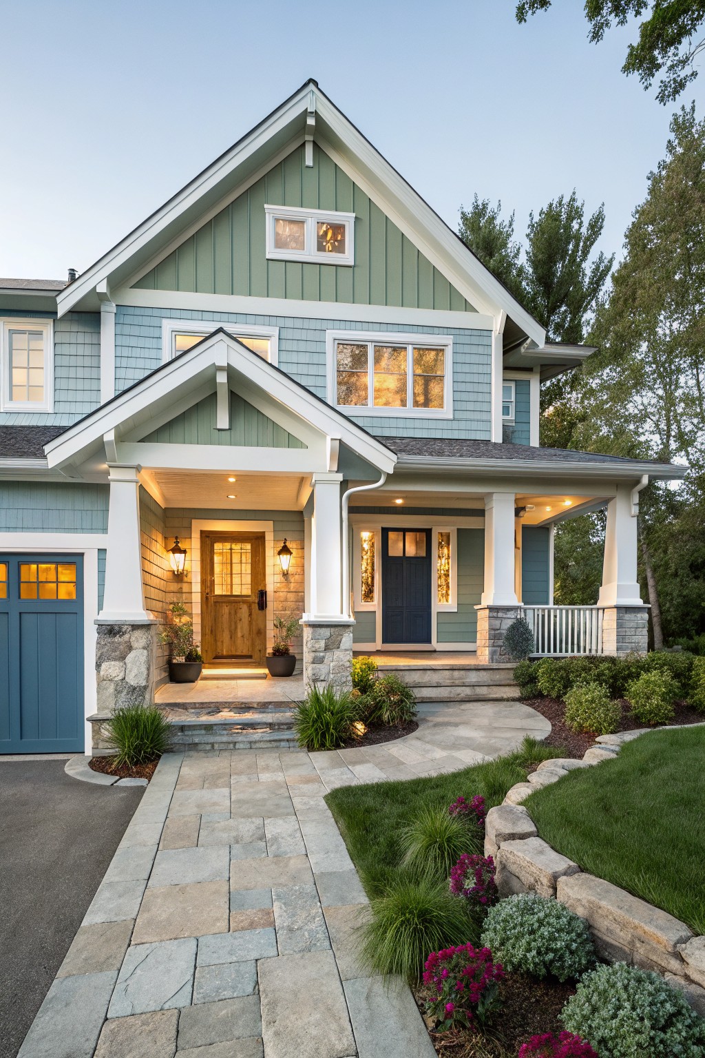 A house exterior with soft sage green siding and white trim.