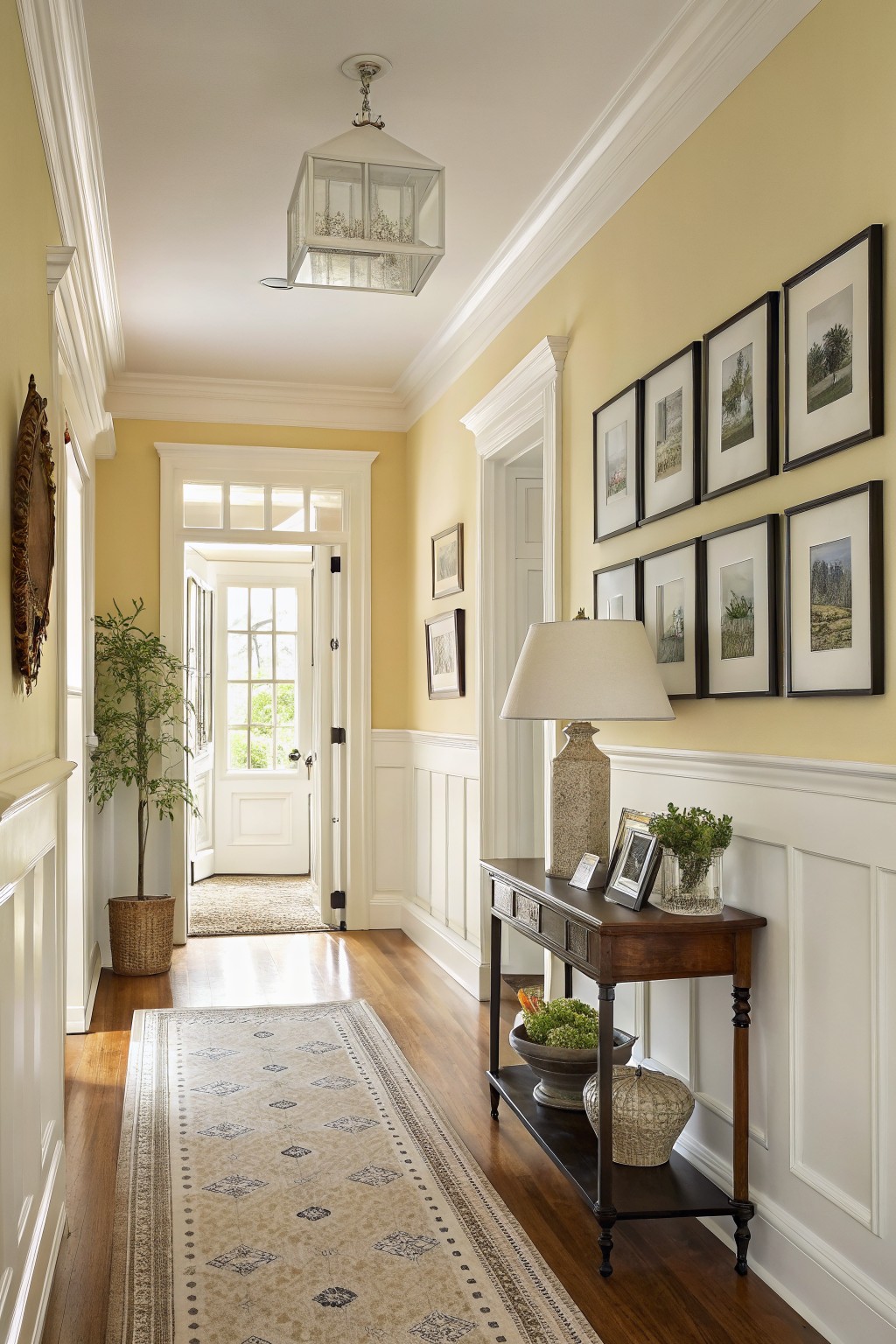 Yellow hallway with console table, gallery wall of frames, runner rug, open door