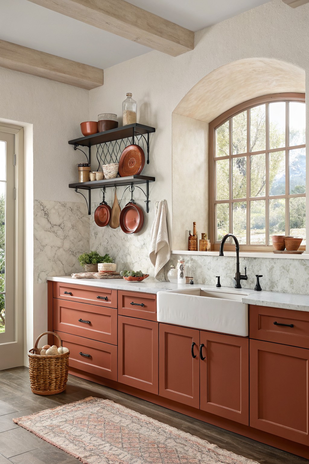 A kitchen with terracotta painted cabinets and a white farmhouse sink.