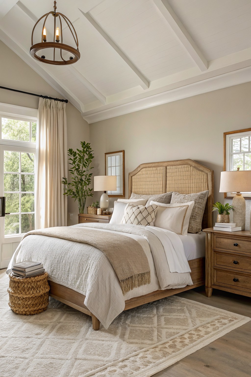 Bedroom walls painted in a soft warm greige with wood furniture and neutral bedding.