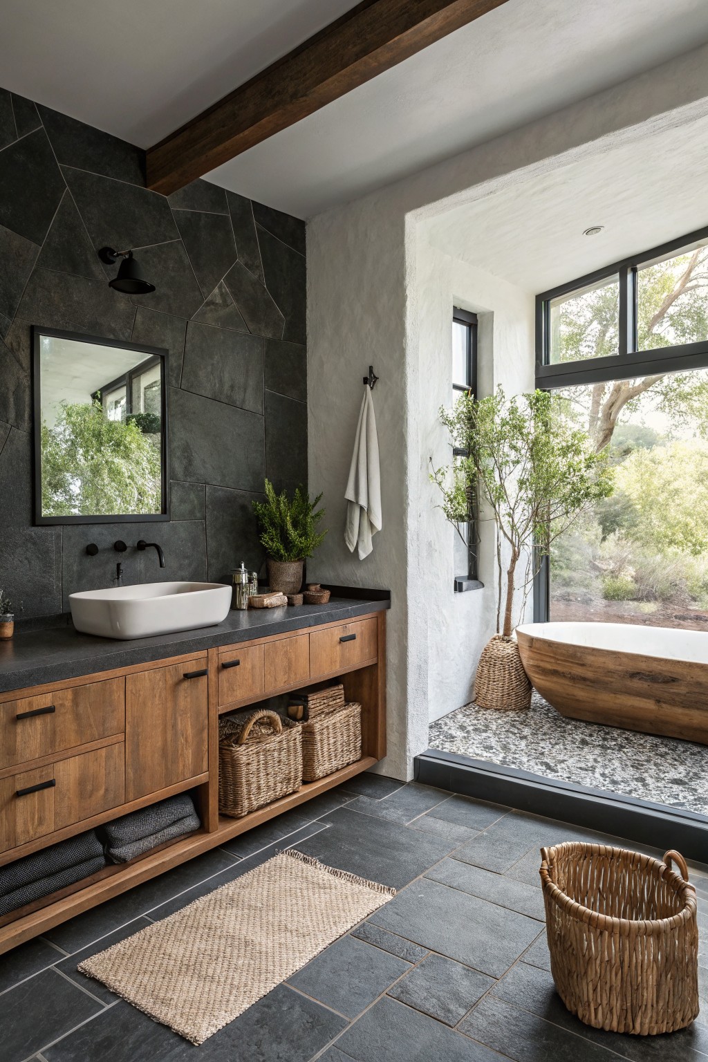 A bathroom featuring deep charcoal black walls beside a wood vanity and freestanding tub.