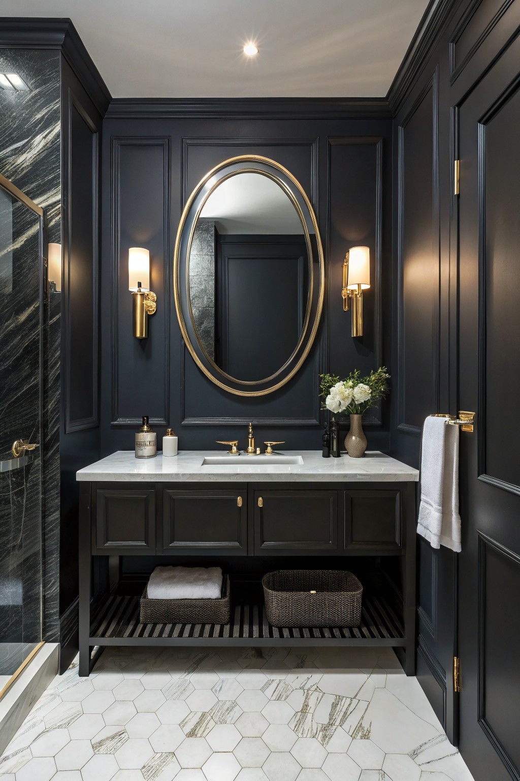 A bathroom with deep black walls, white marble vanity, and an oval gold mirror.