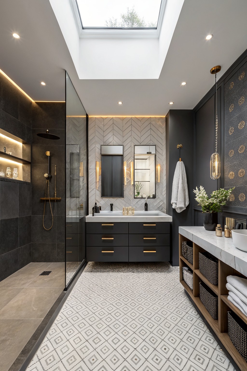 Modern bathroom with dark vanity, herringbone tiles, skylight, glass shower, and patterned floor.