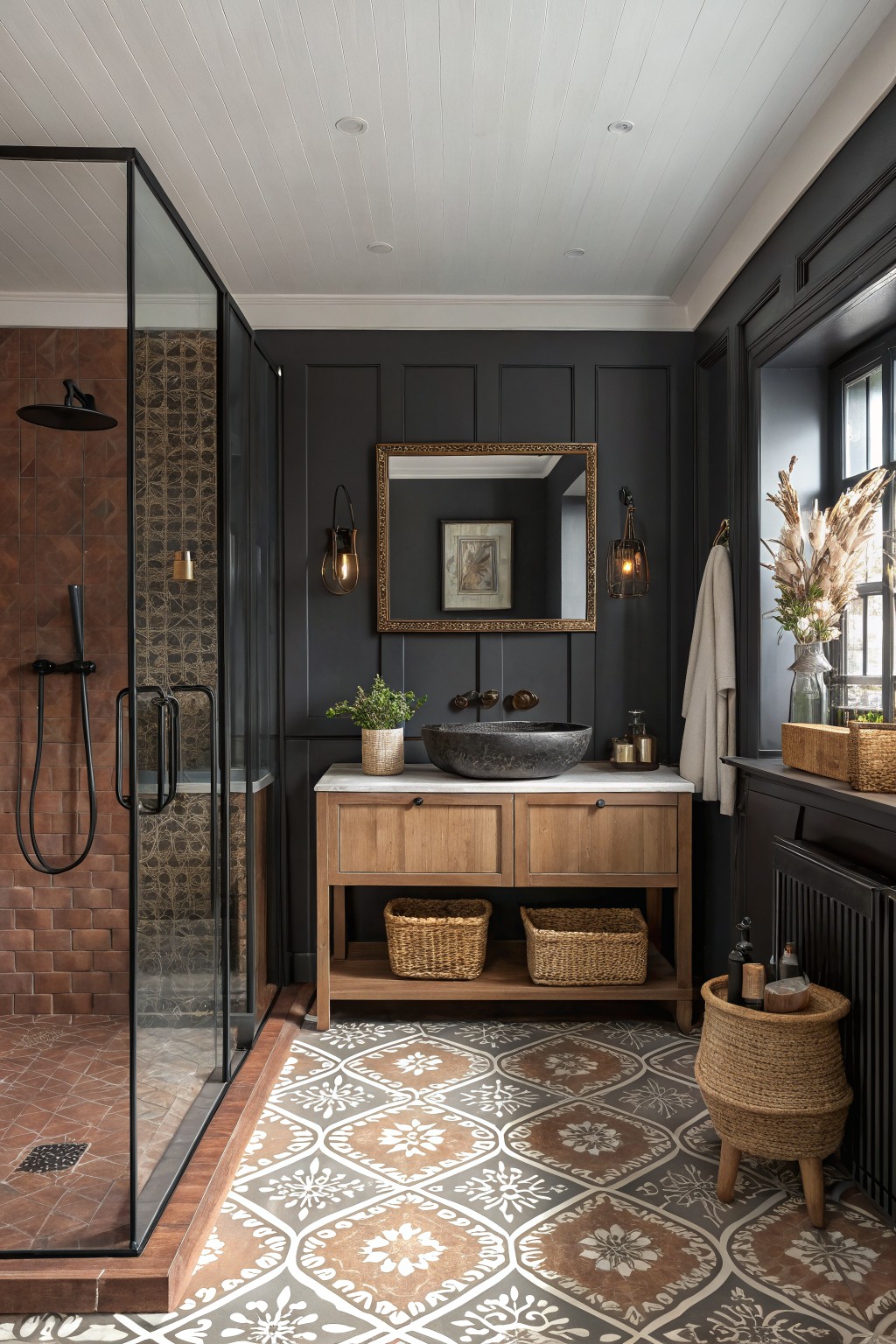 Dark black walls in a modern bathroom with a wood vanity and patterned tile floor.