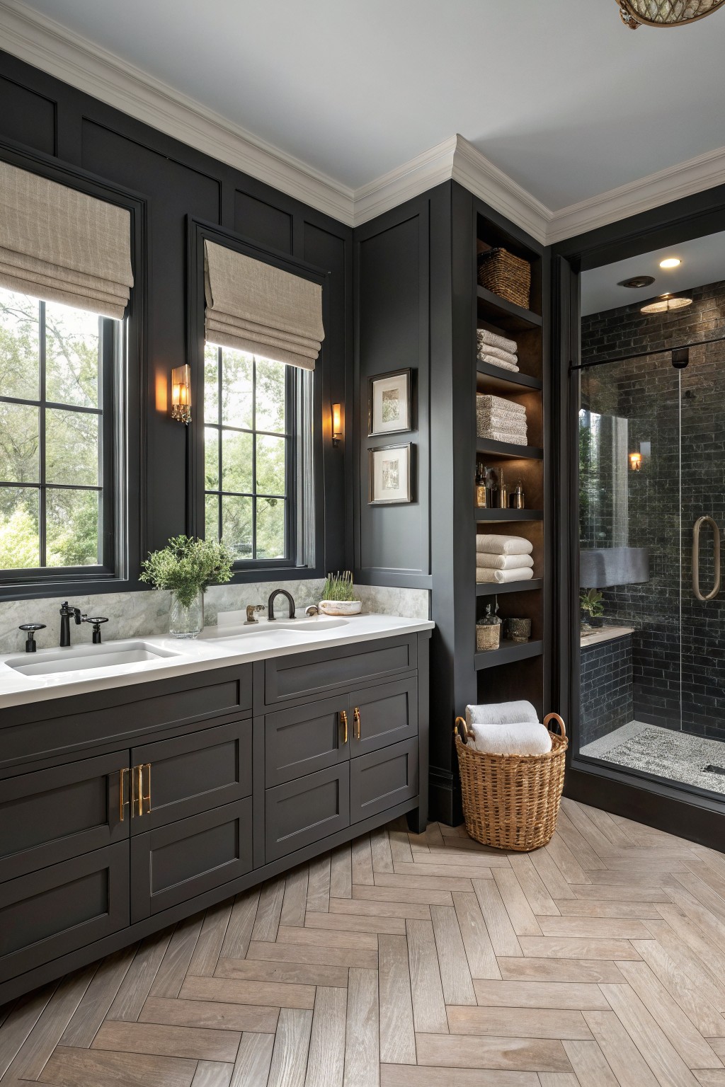 Modern bathroom with dark gray vanity, double sinks, built-in shelves, and shower.