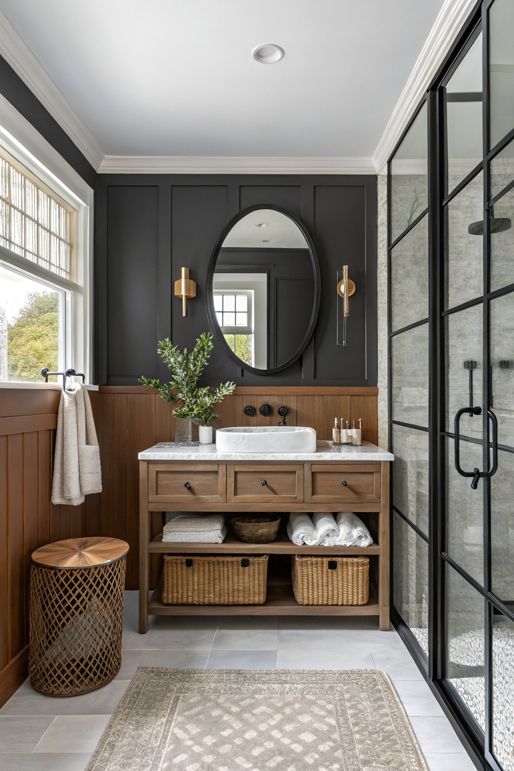 A bathroom with deep black walls above wood wainscoting and a marble-top vanity.