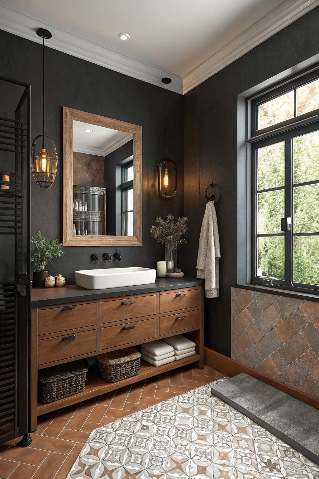 A bathroom with deep black walls, a wooden vanity, and a white sink.