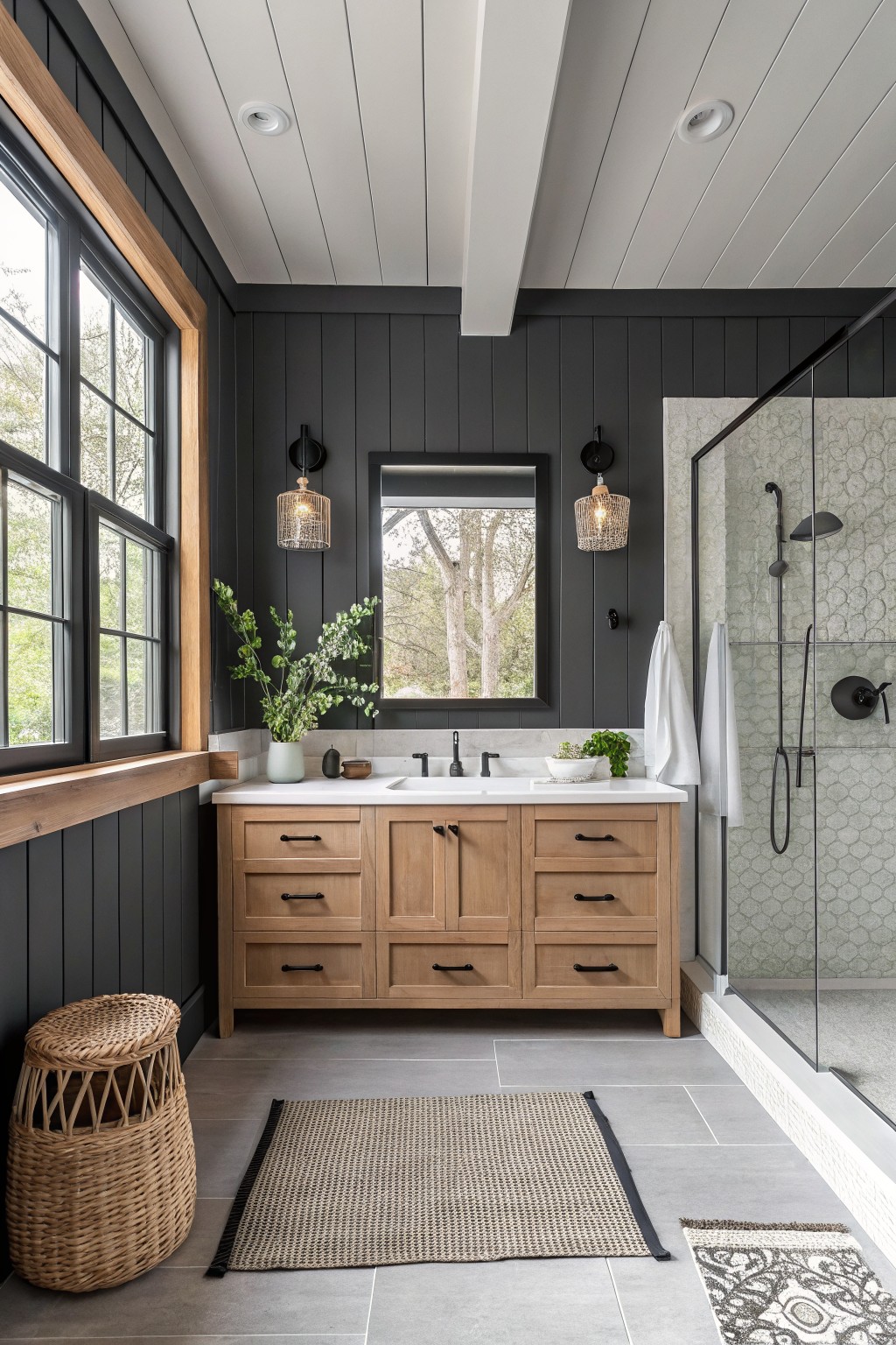 Modern bathroom with dark walls, wood vanity, large mirror, and glass shower.