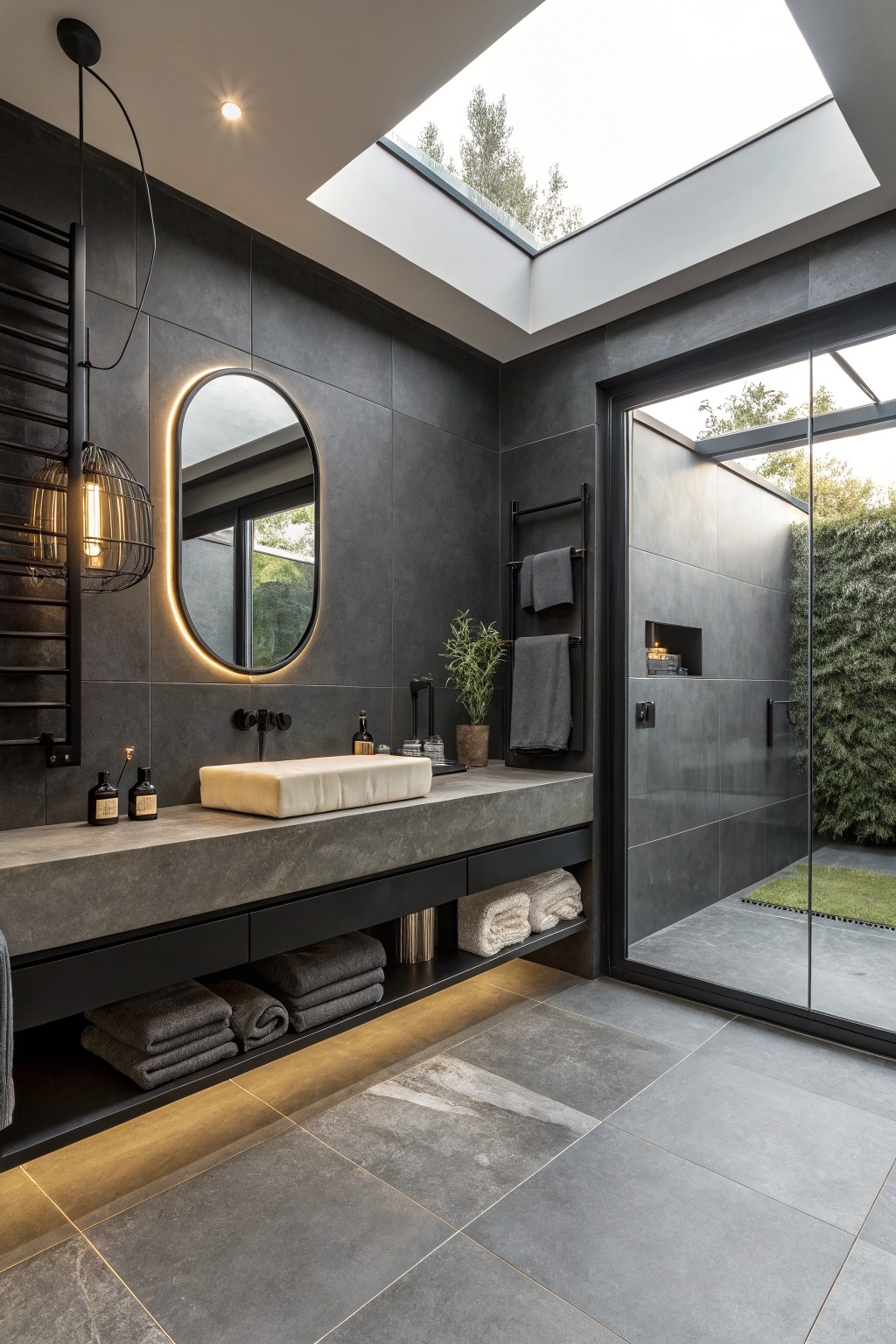 A bathroom with deep charcoal black walls and a long concrete vanity.