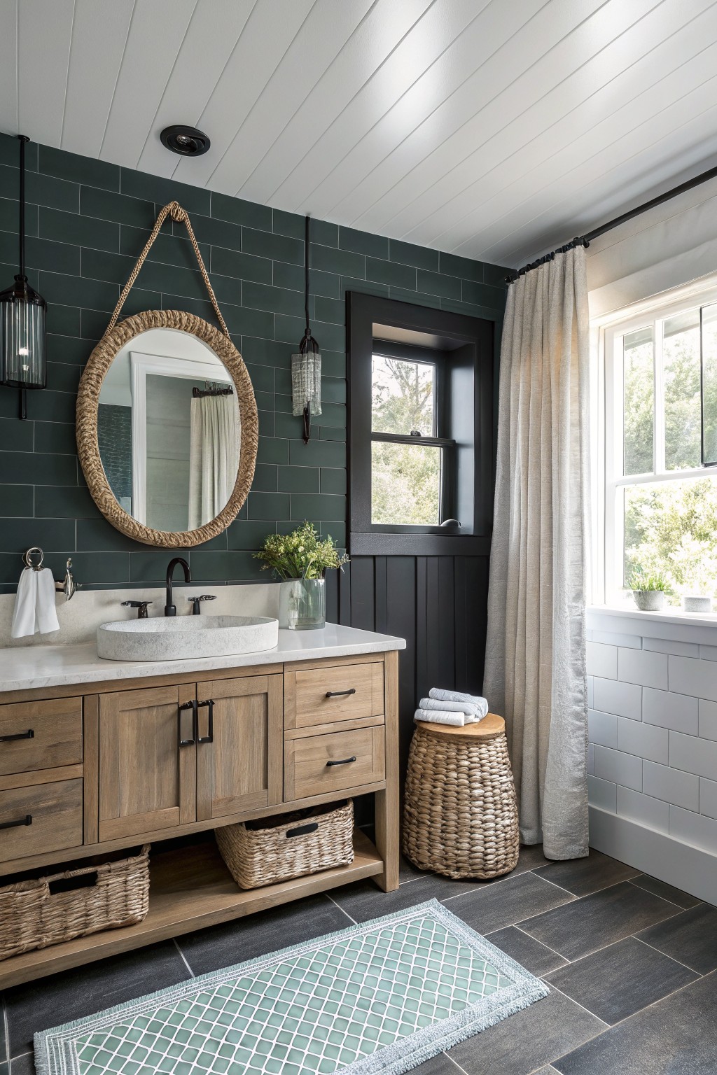 A bathroom with dark green tiled walls and a light wood vanity.