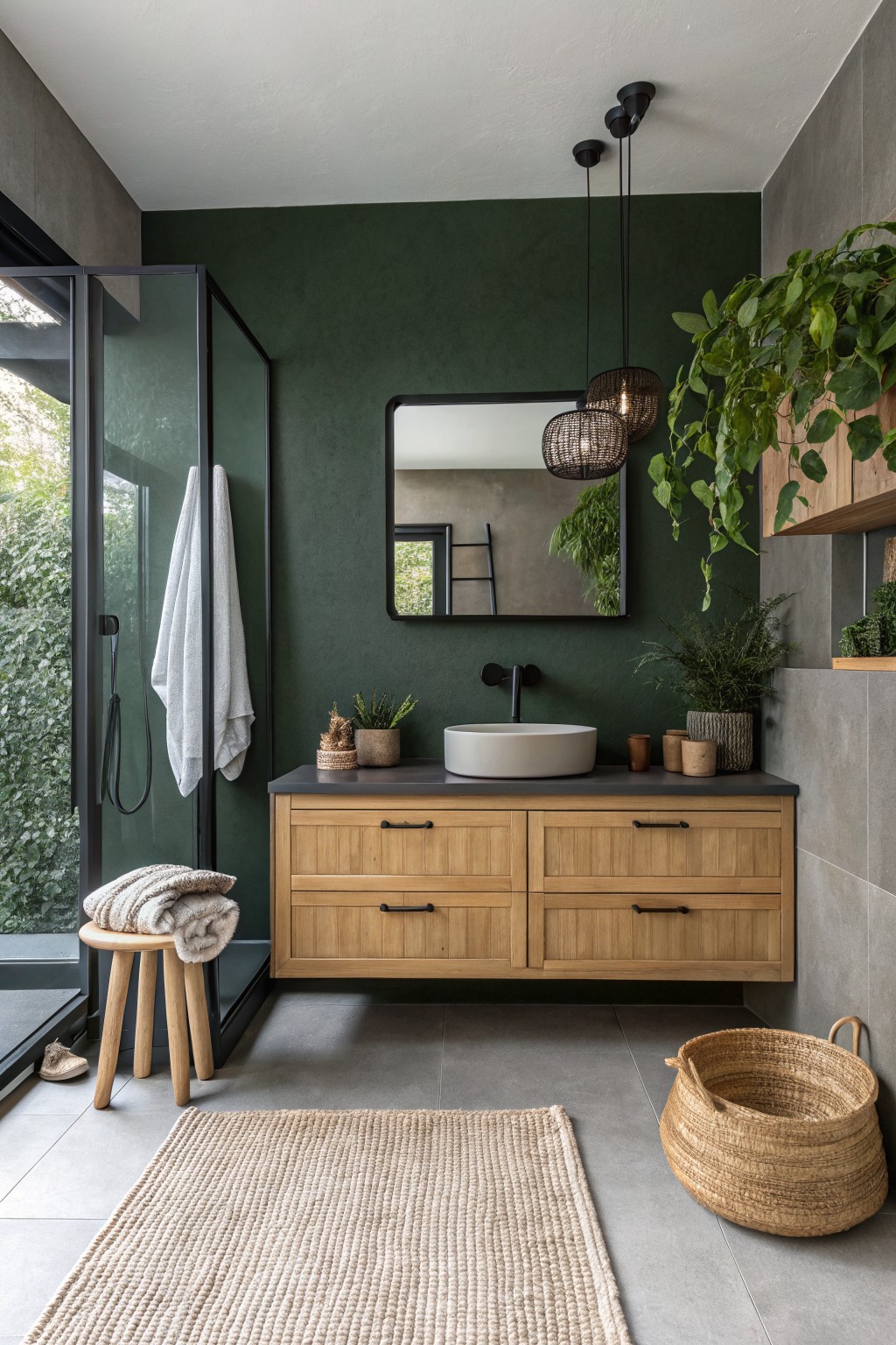 A bathroom featuring deep green painted walls behind a floating wood vanity.