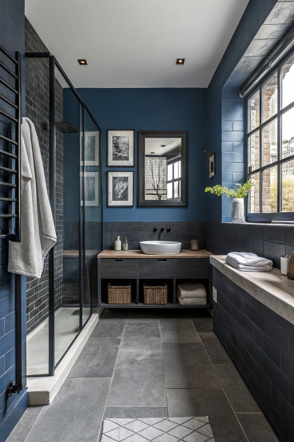 Dark navy walls cover a bathroom with a wood vanity and white vessel sink.