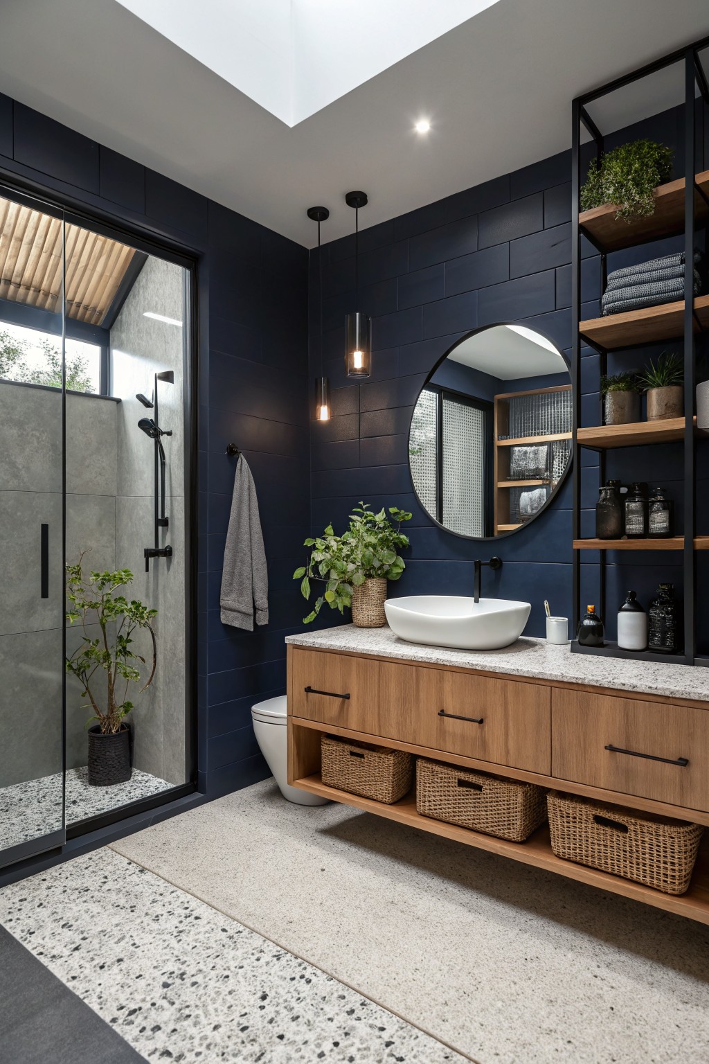 A bathroom with deep navy walls and a floating wood vanity.