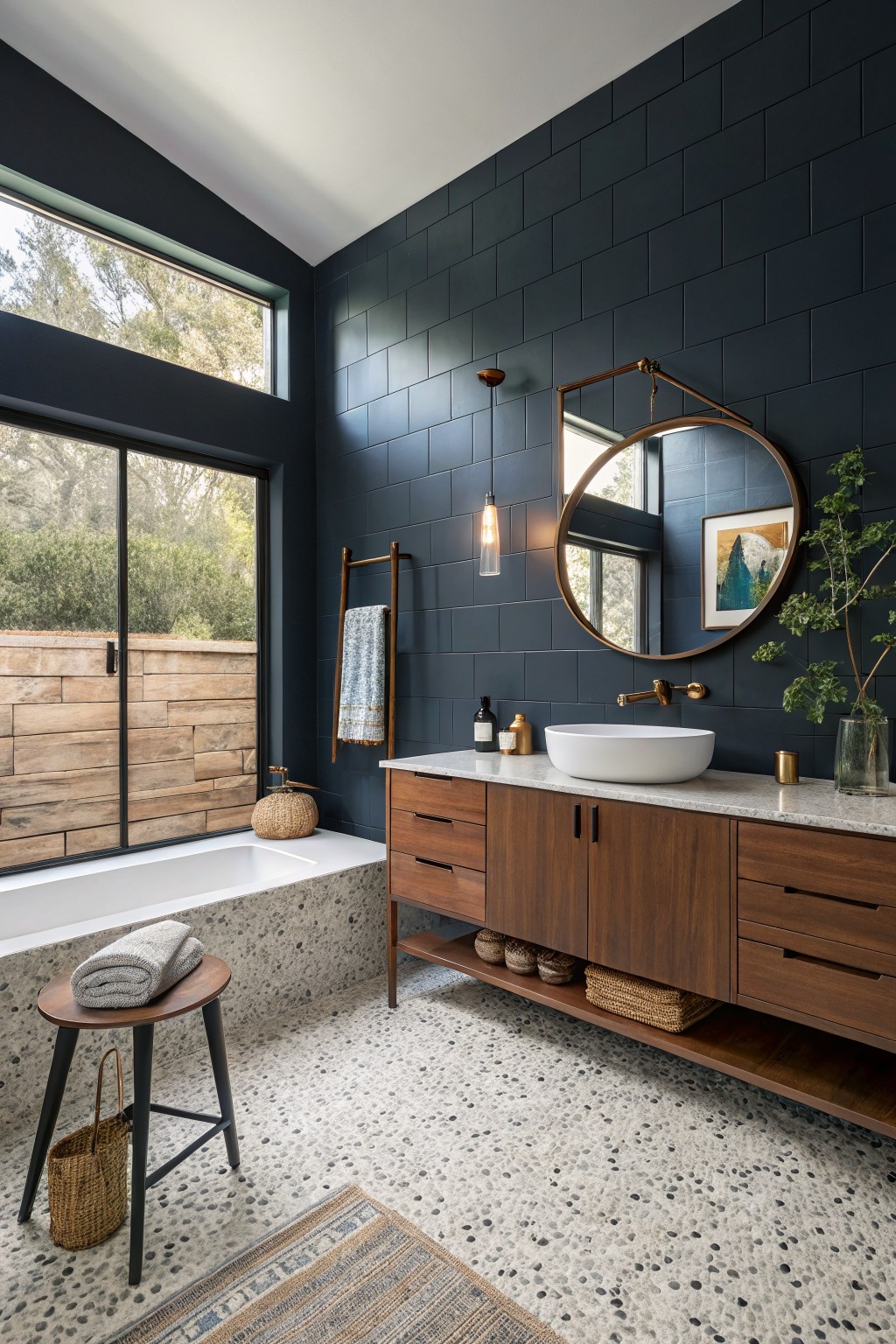 A bathroom featuring deep navy blue walls with a wooden vanity and white sink.