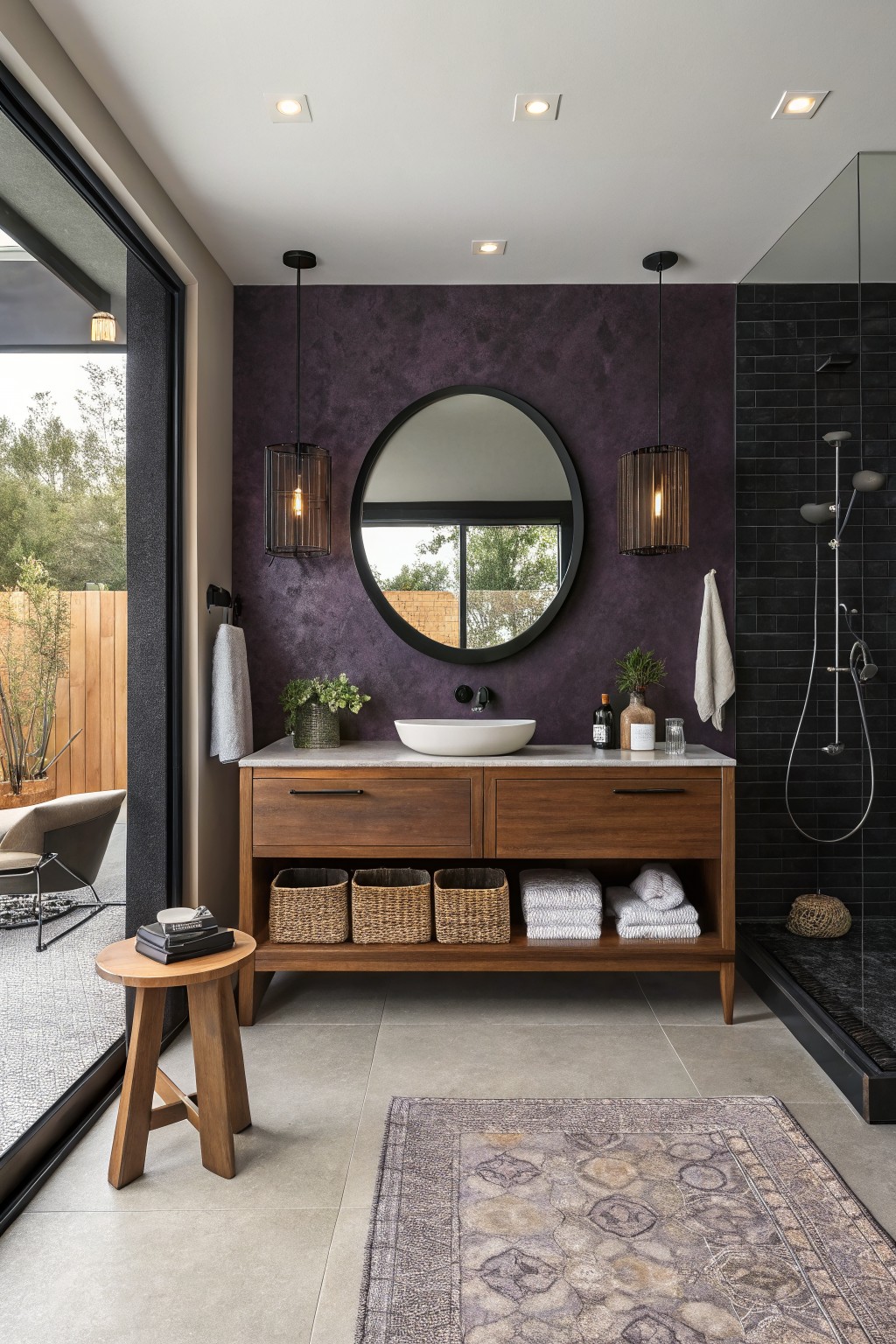 A bathroom featuring deep purple walls behind a wooden vanity and round mirror.