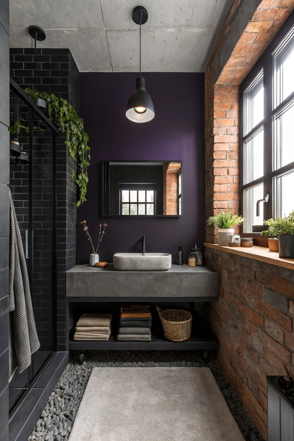 A bathroom featuring deep purple walls behind a concrete vanity and black fixtures.