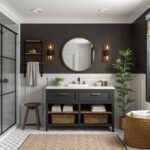 A bathroom with deep black walls above wood wainscoting and a marble-top vanity.