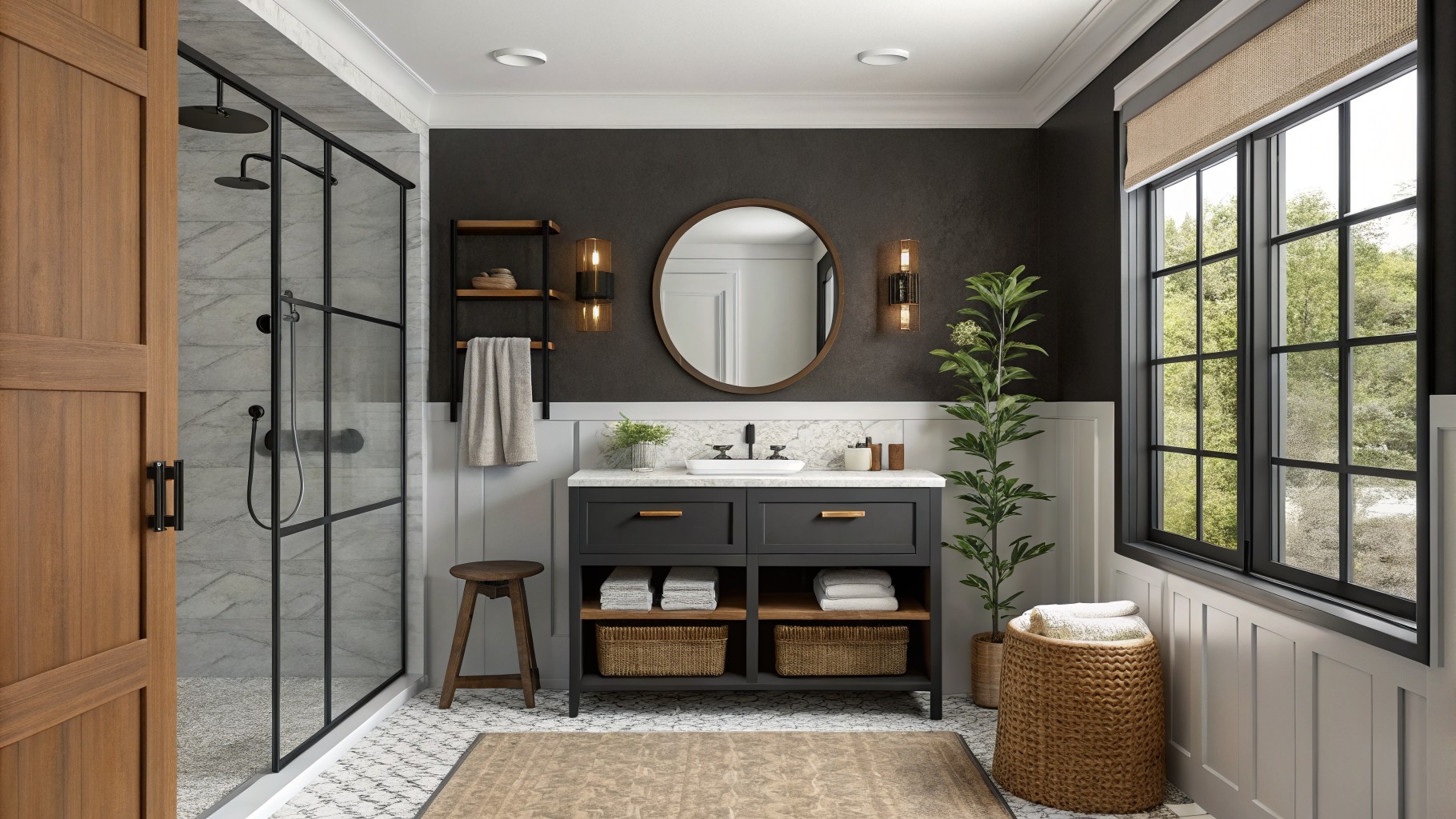 A bathroom with deep black walls above wood wainscoting and a marble-top vanity.