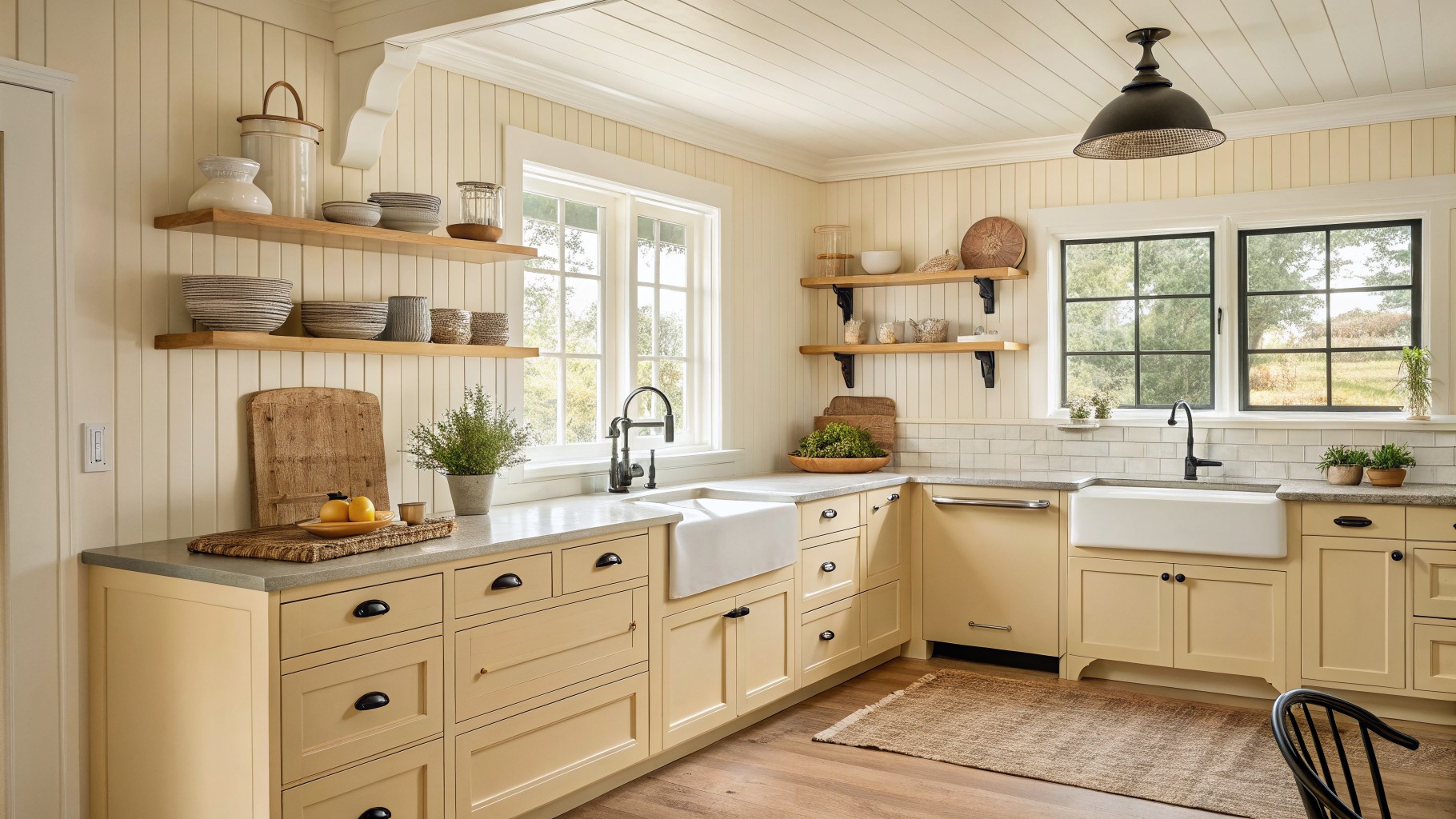 Cream kitchen with farmhouse sink, marble counters, wooden shelves, and pendant lights