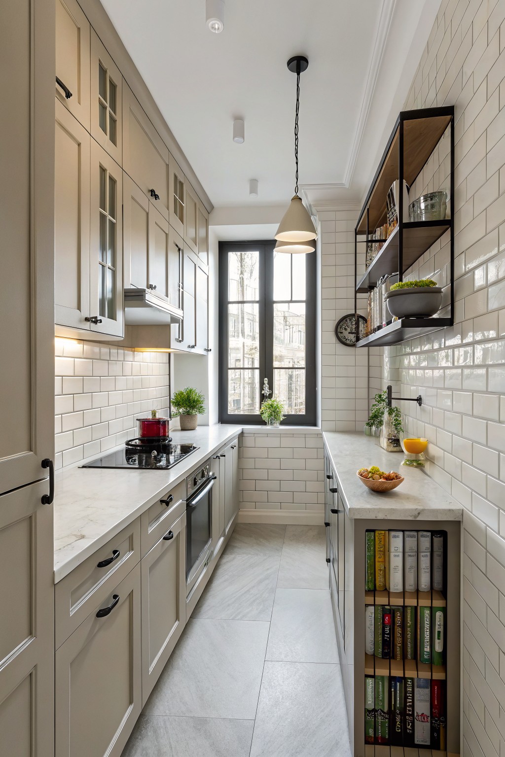Modern narrow kitchen with white cabinets, marble counters, and book-lined shelves.