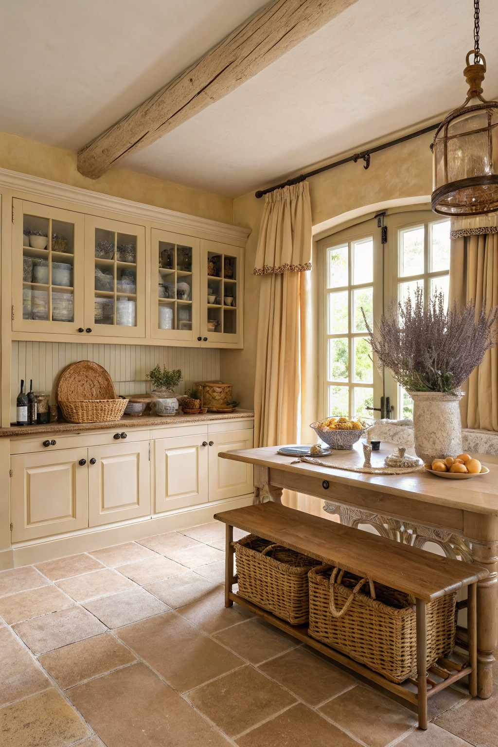 Cream painted cabinets line the walls of a rustic kitchen with wood beams overhead.