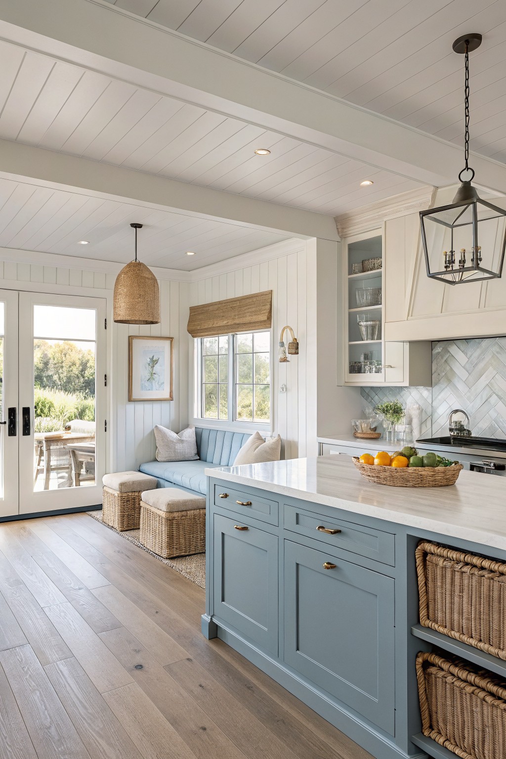 Kitchen walls painted in a soft cream color with blue island cabinets.