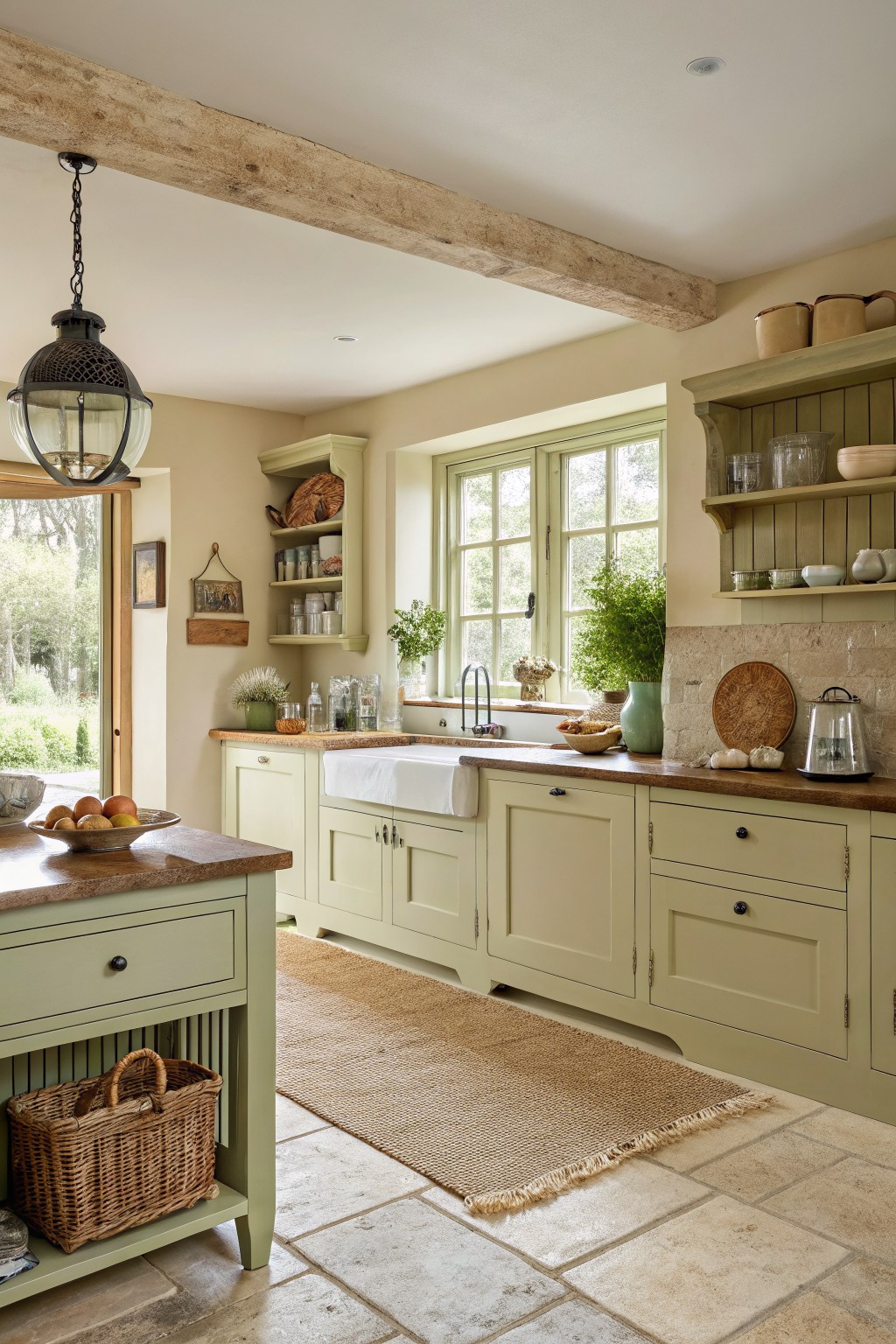 Light sage green cabinets fill a kitchen with wood counters and stone floors.