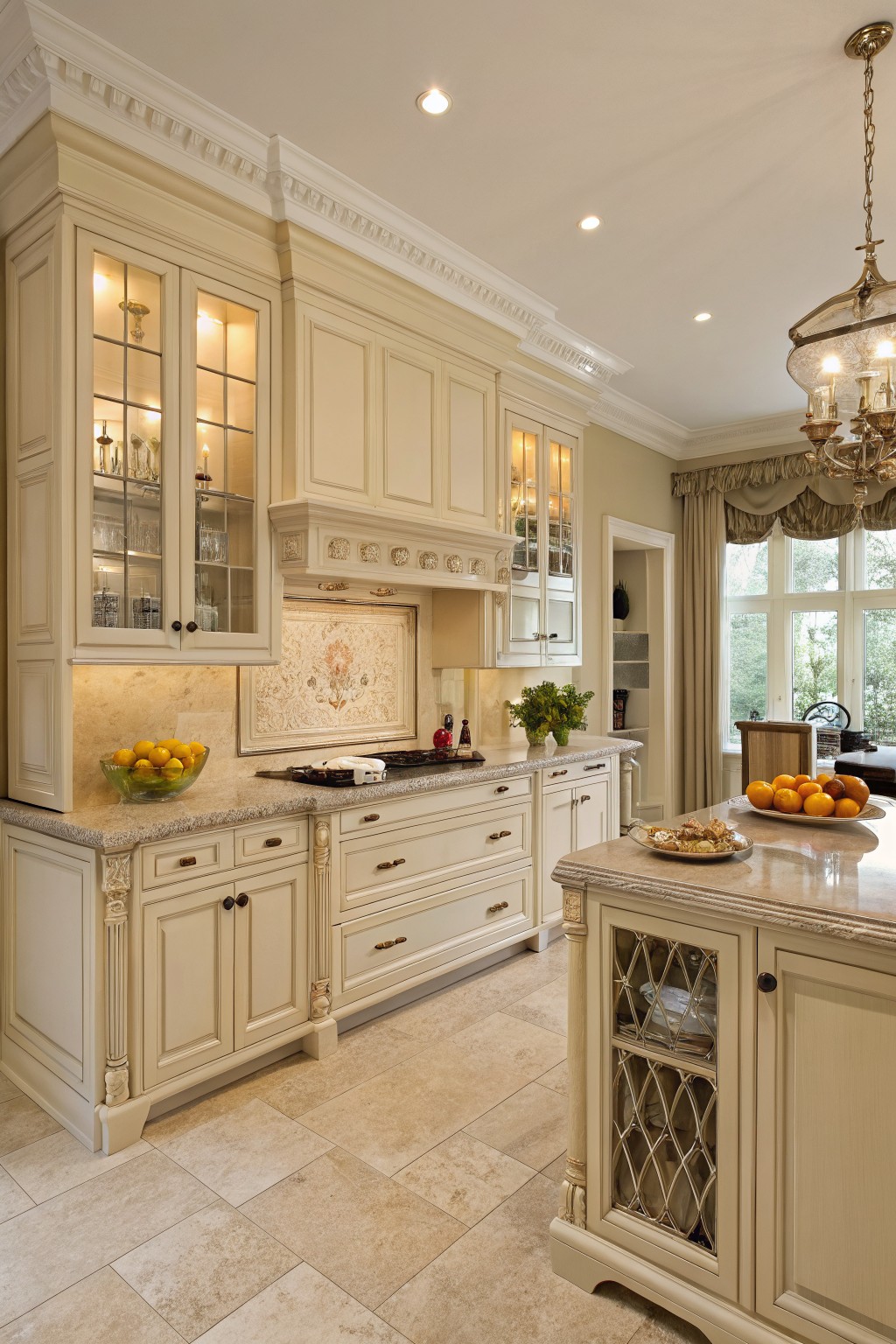 Elegant cream kitchen with ornate cabinets, marble counters, chandelier, and fruit bowl.