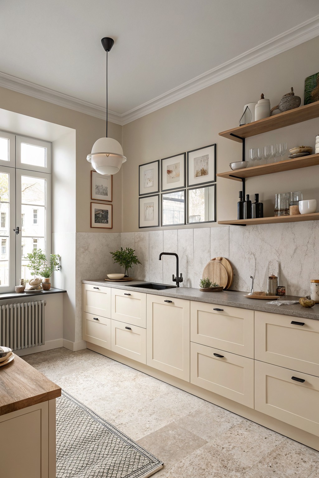 Modern kitchen with cream cabinets, marble backsplash, wooden shelves, and black faucet.