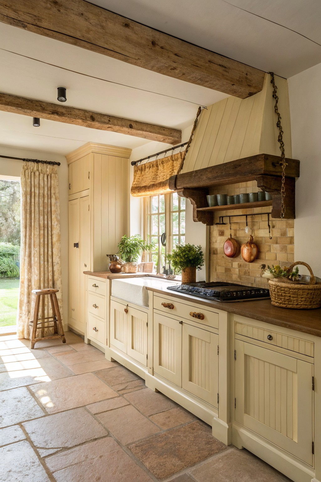 Cream painted kitchen cabinets next to a wooden range hood.