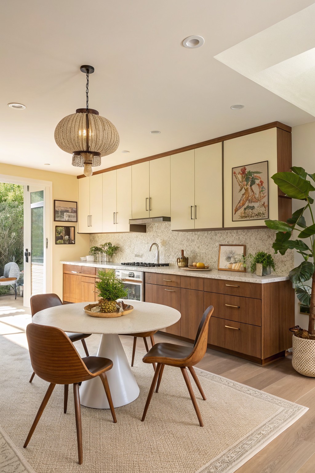 Cream upper cabinets in a kitchen with wood lower cabinets and a round dining table nearby.
